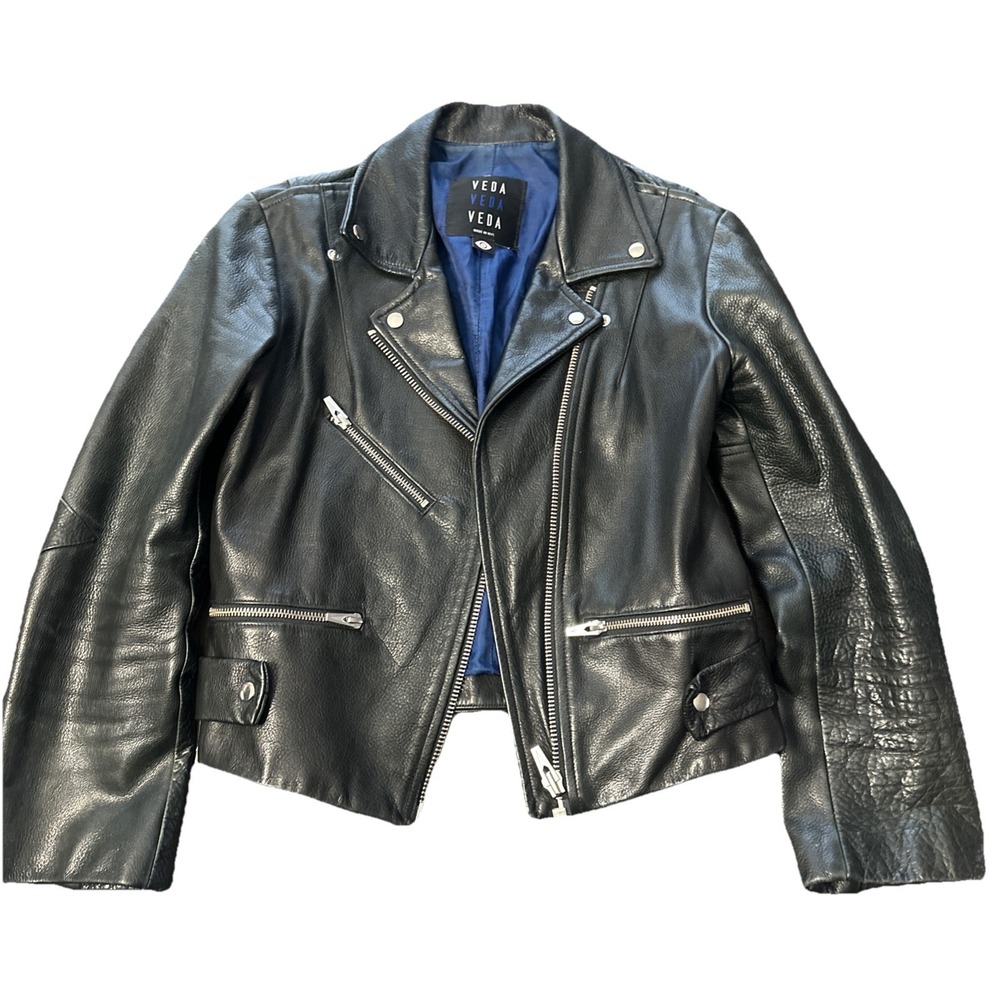 Veda black leather biker jacket Made In USA NYC Womens Size Small Rare